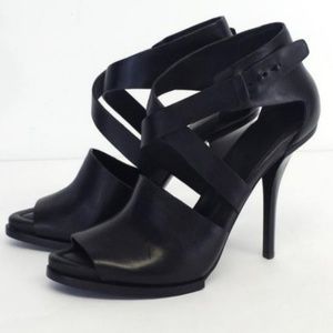 Delphine Black Leather Peep Sandals Size 6(EU 36)